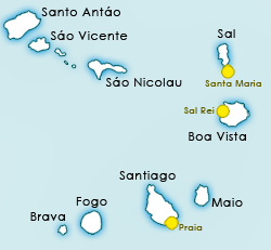 Cape de Verde info and facts. Cape Verde, where is Cabo Verde Islands? Cheap holidays to Cape de Verde, about west Africa. Cape de Verde Map for Sal, Boa Vista and more...